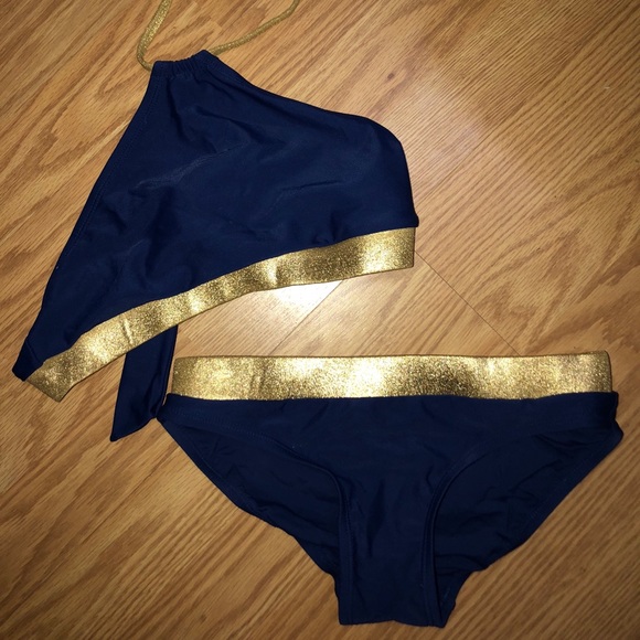 navy and gold swimsuit